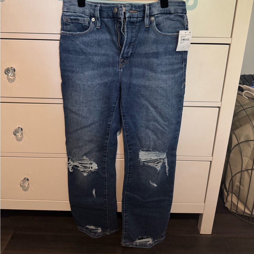 Good American Blue Distressed Boyfriend Jeans